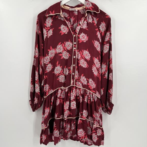 Omika Ezra Button Up Blouse Top in Isla‎ Merlot Red Floral Print Women’s Size XS - Picture 1 of 10